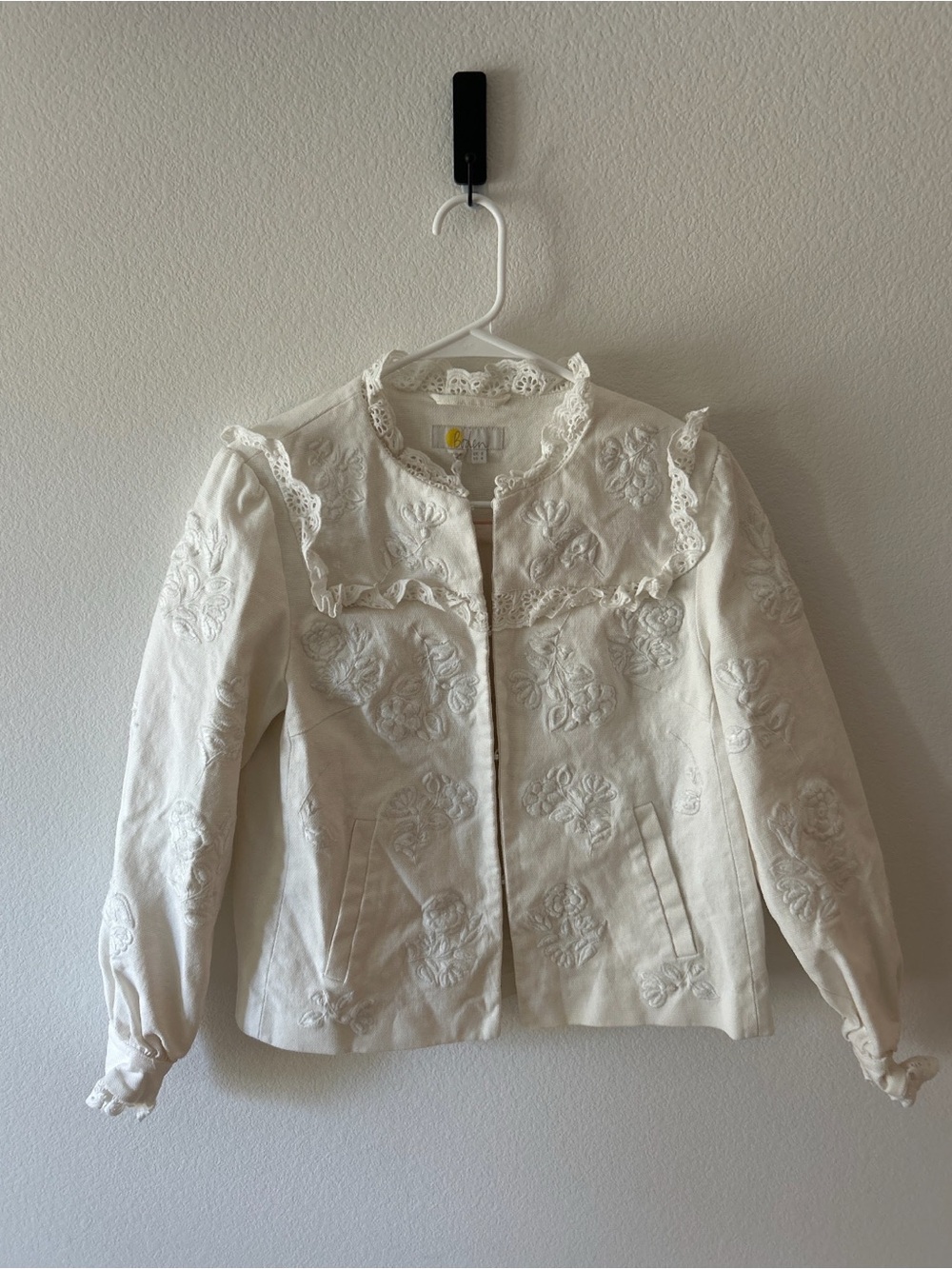Boden Cream Embroidered Ruffle-Trim Blazer